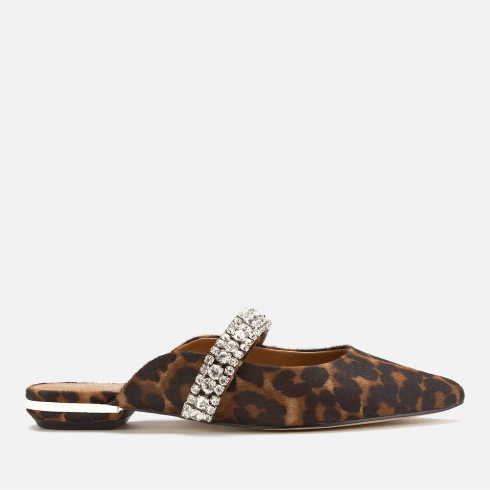 NEW KURT GEIGER LONDON Princely Leather Flat Mules Cream Leopard Crystal Strap